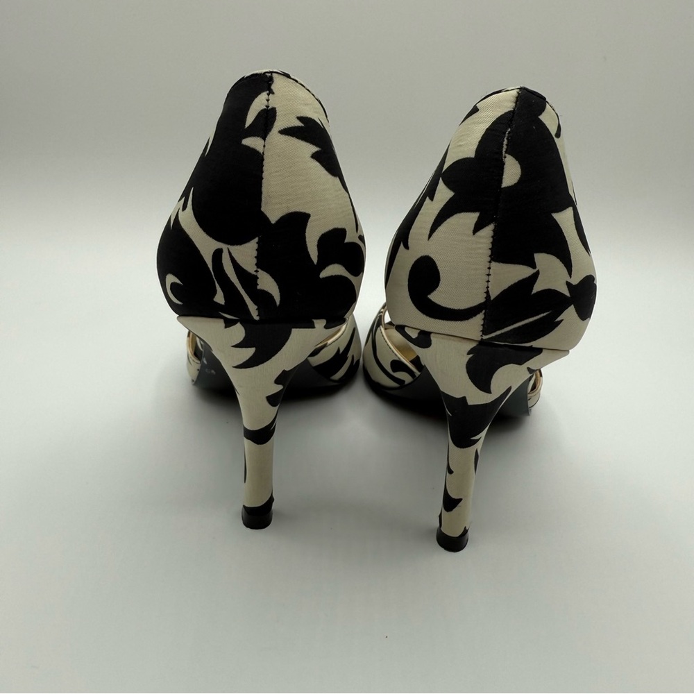Anne Klein Peep Toe Rosette Heels Black Cream Floral Elegant Pumps Size 7 - Picture 6 of 16